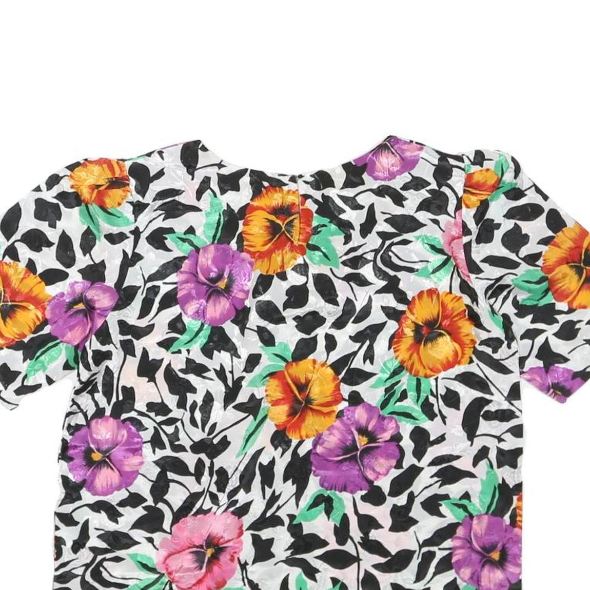 Womens White Black & Floral Printed Top Short Sleeve Round Neck M Summer Casual