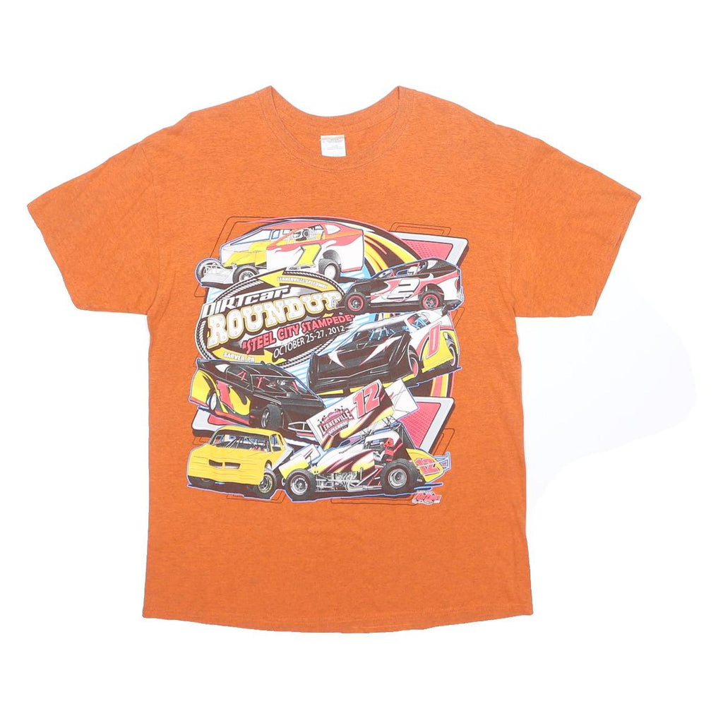 GILDAN Mens Orange Dirtcar Roundup Graphic T-Shirt L Short Sleeve Crew Neck