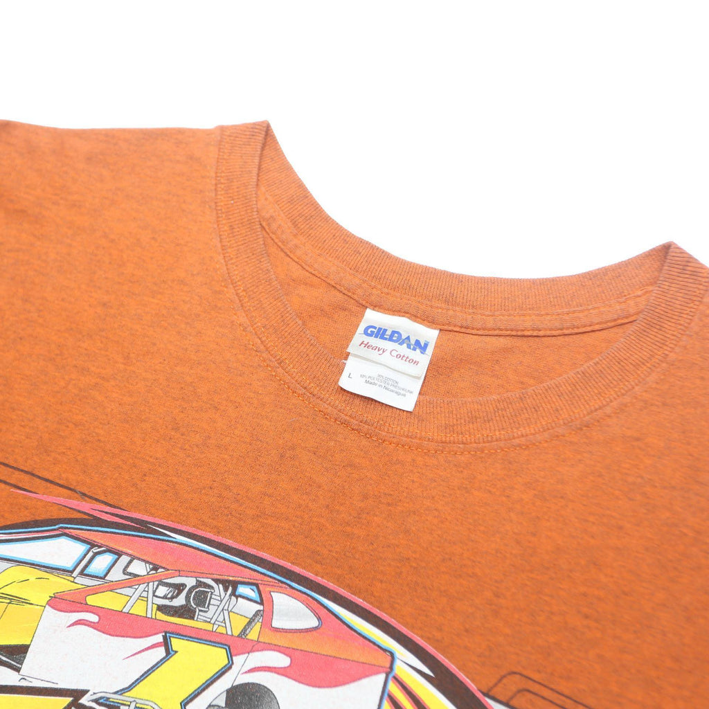 GILDAN Mens Orange Dirtcar Roundup Graphic T-Shirt L Short Sleeve Crew Neck