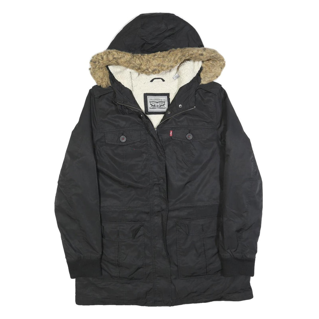 LEVI'S Womens Black Jacket L Polyester Blend Plain Zip Hooded Casual Winter