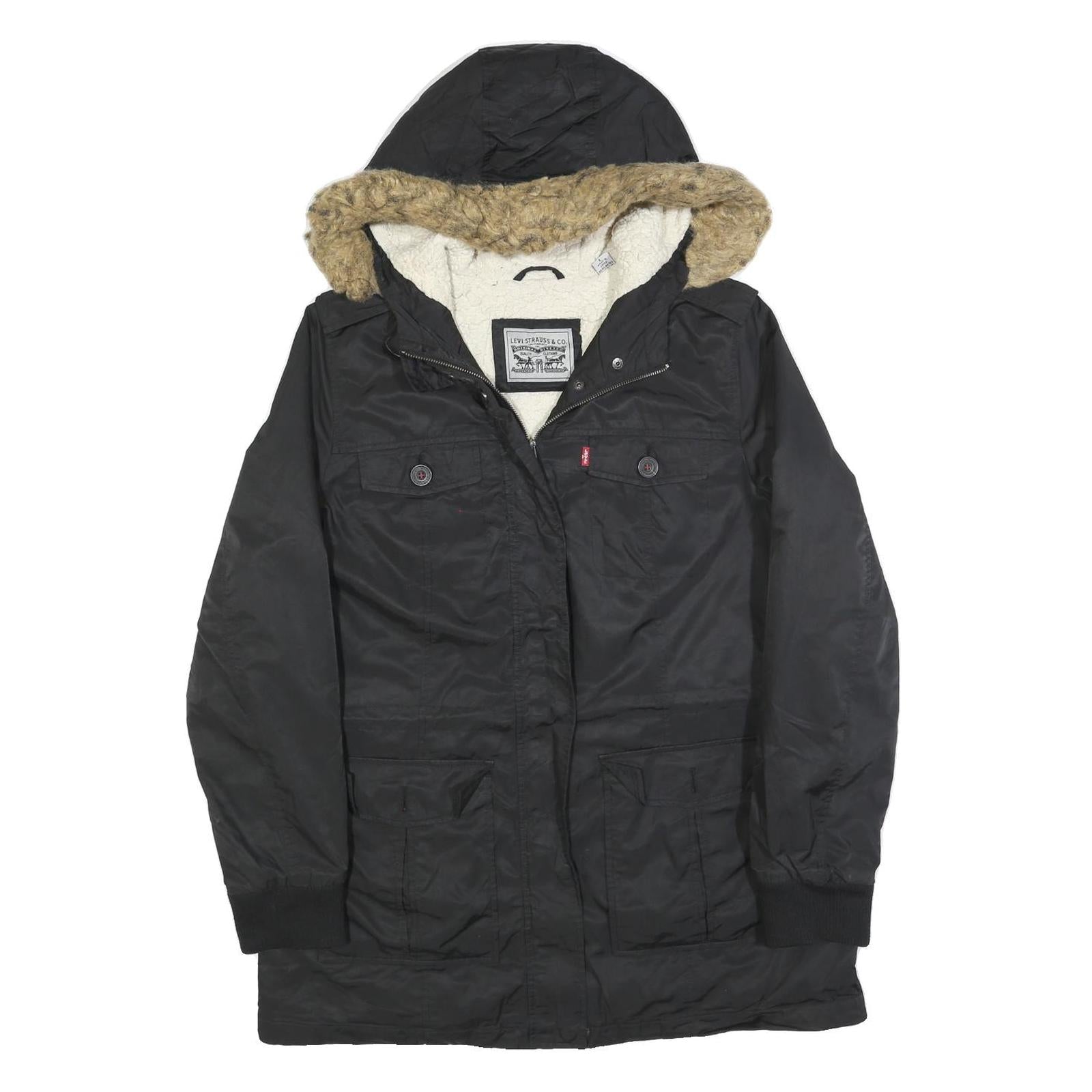 LEVI'S Womens Black Jacket L Polyester Blend Plain Zip Hooded Casual Winter
