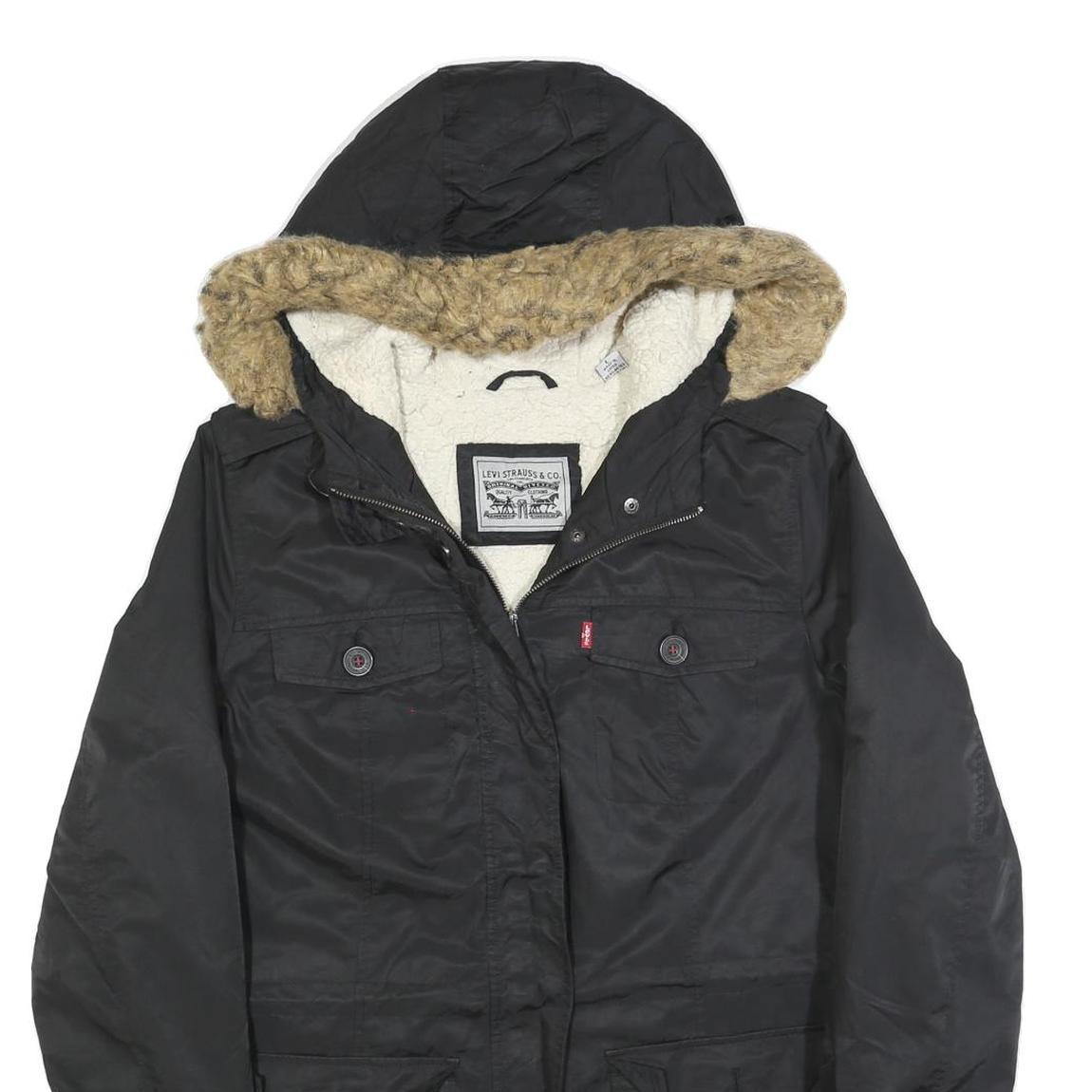 LEVI'S Womens Black Jacket L Polyester Blend Plain Zip Hooded Casual Winter