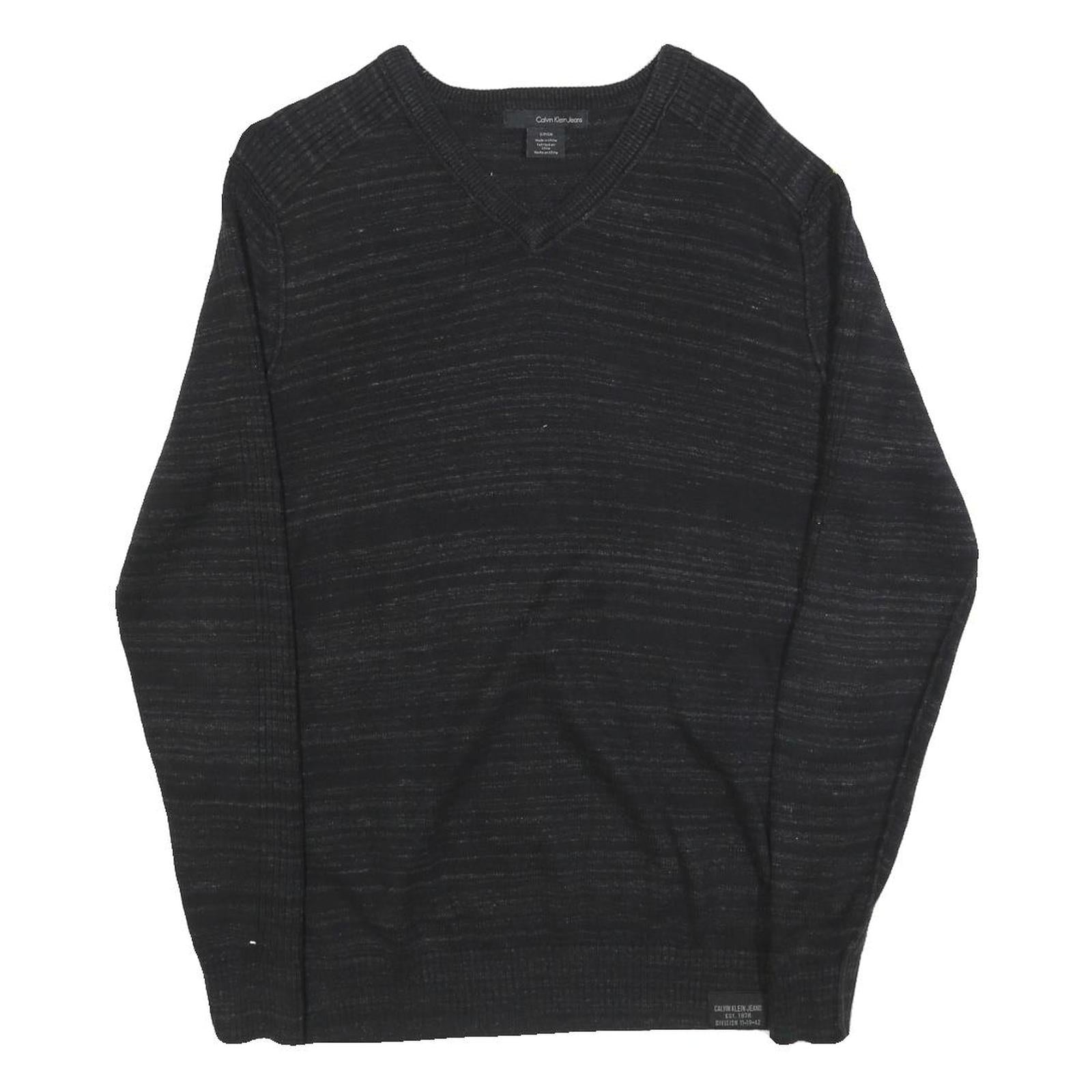CALVIN KLEIN Mens Black Patterned Cotton Jumper V Neck Basic Knit S Lightweight
