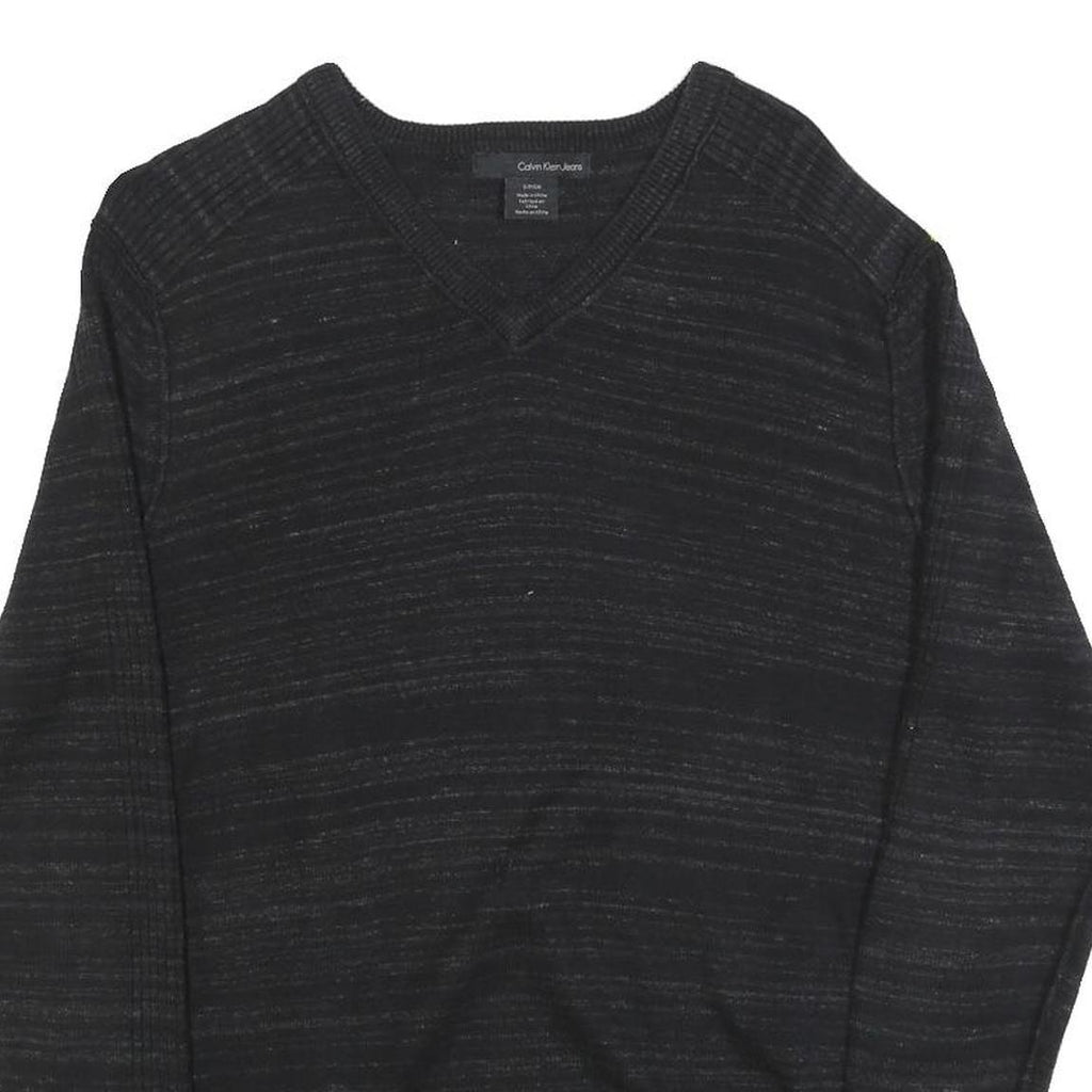 CALVIN KLEIN Mens Black Patterned Cotton Jumper V Neck Basic Knit S Lightweight