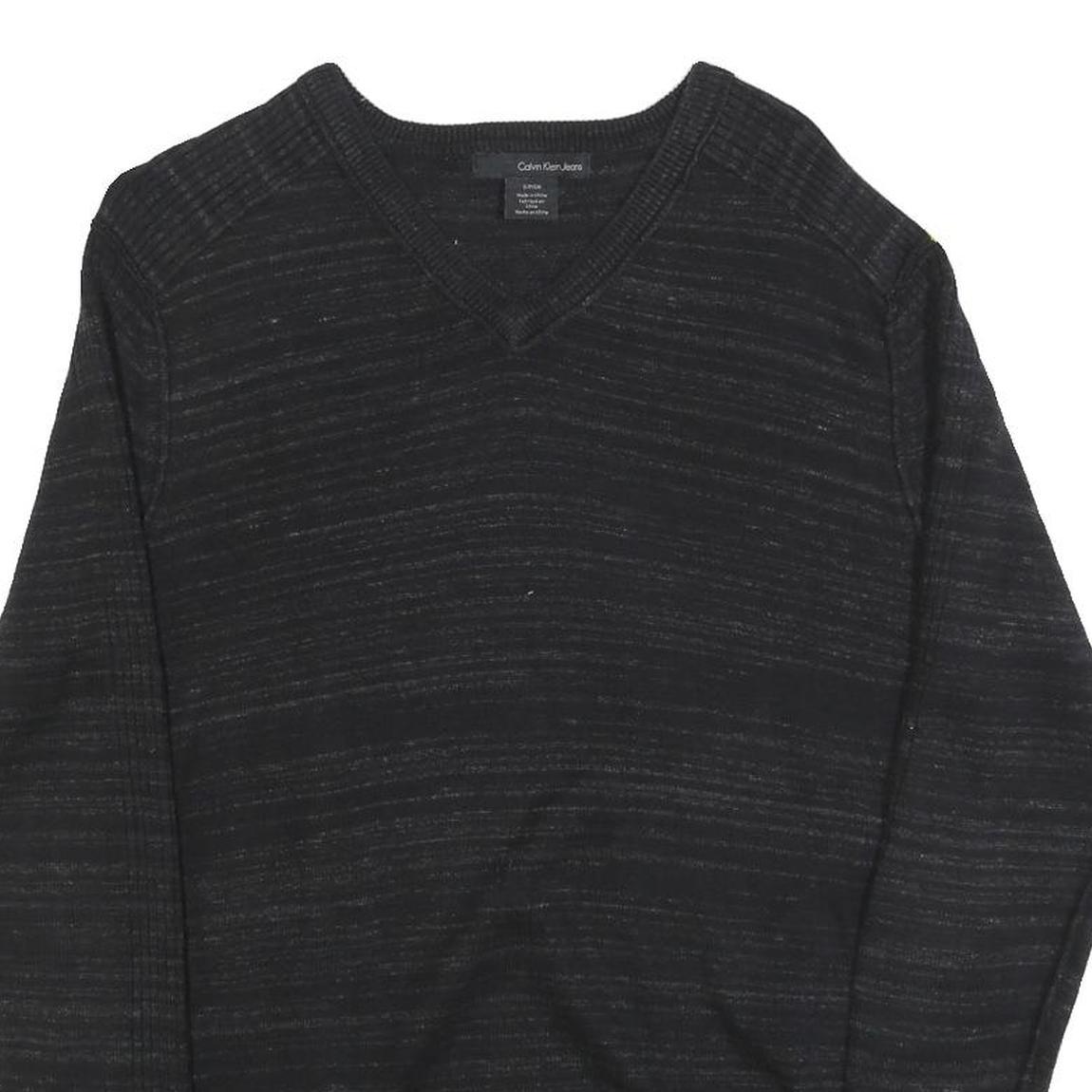 CALVIN KLEIN Mens Black Patterned Cotton Jumper V Neck Basic Knit S Lightweight