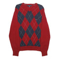 TOMMY HILFIGER Mens Red & Navy Patterned Pullover Argyle V-Neck Basic Knit M