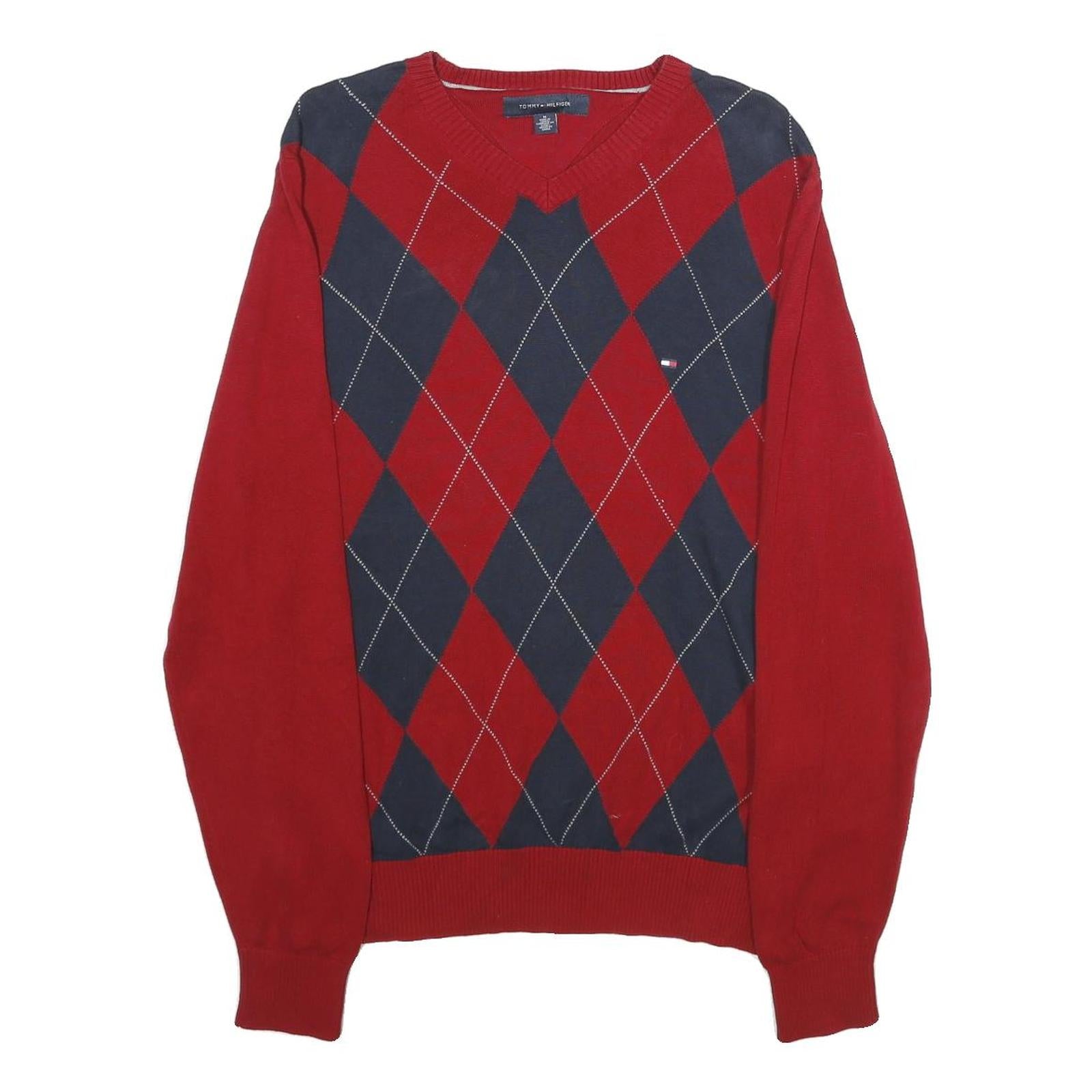 TOMMY HILFIGER Mens Red & Navy Patterned Pullover Argyle V-Neck Basic Knit M