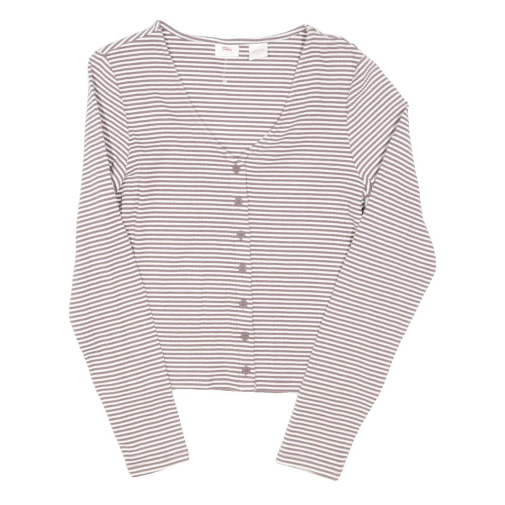 LEVI'S Womens White & Light Brown Striped Basic Long Sleeve V-Neck Top S Button