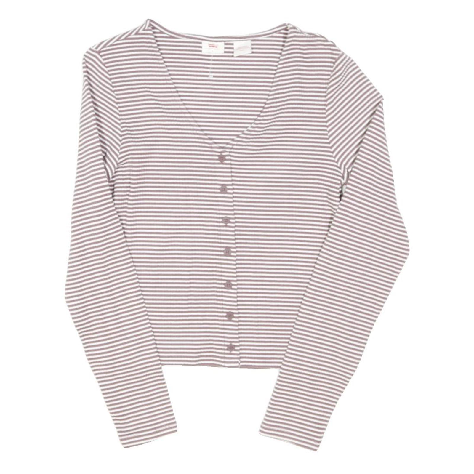 LEVI'S Womens White & Light Brown Striped Basic Long Sleeve V-Neck Top S Button