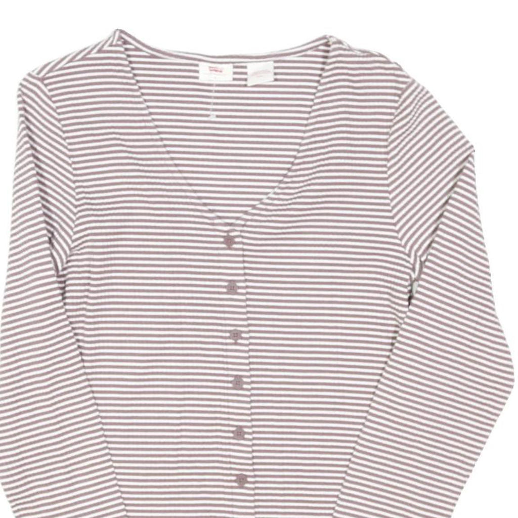 LEVI'S Womens White & Light Brown Striped Basic Long Sleeve V-Neck Top S Button