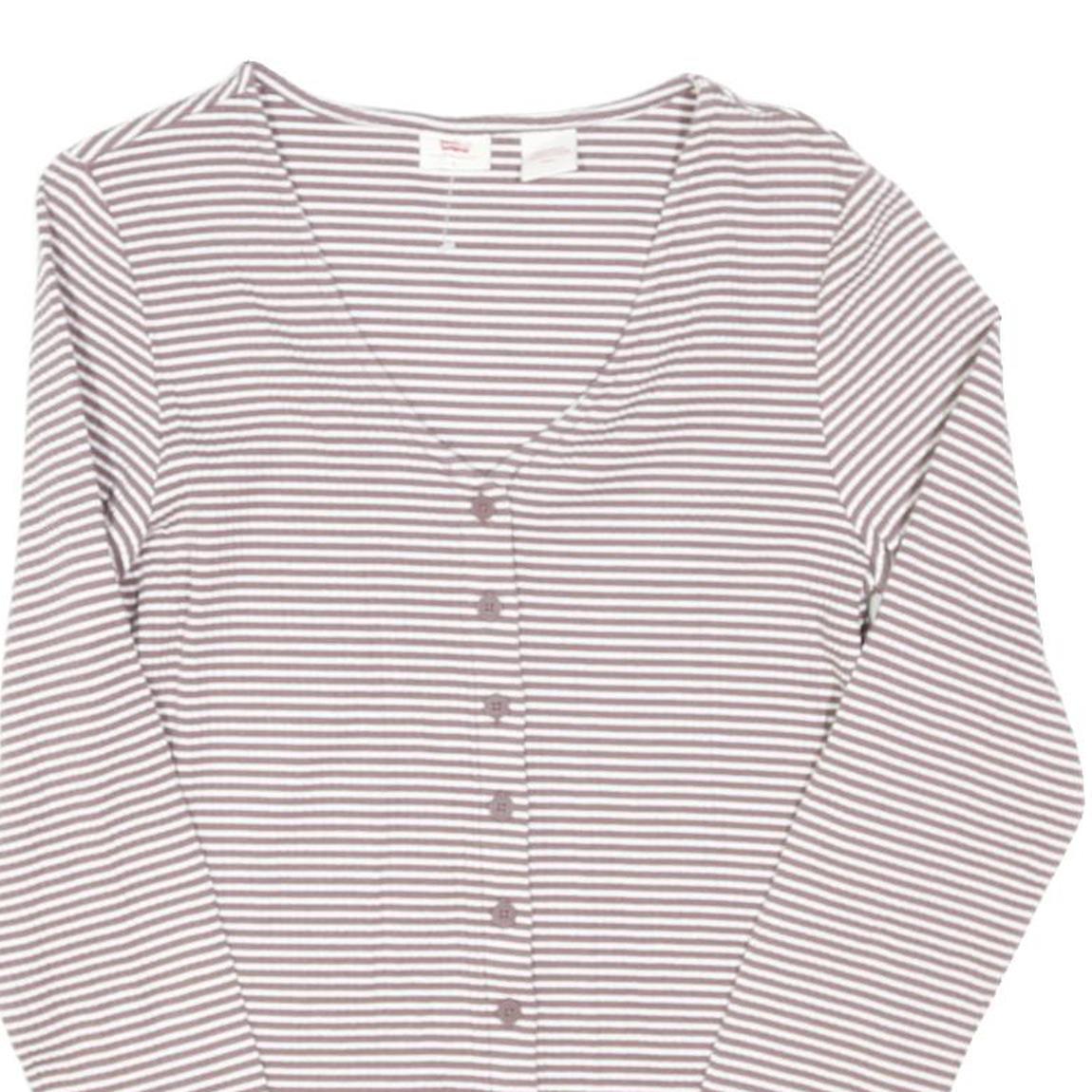 LEVI'S Womens White & Light Brown Striped Basic Long Sleeve V-Neck Top S Button