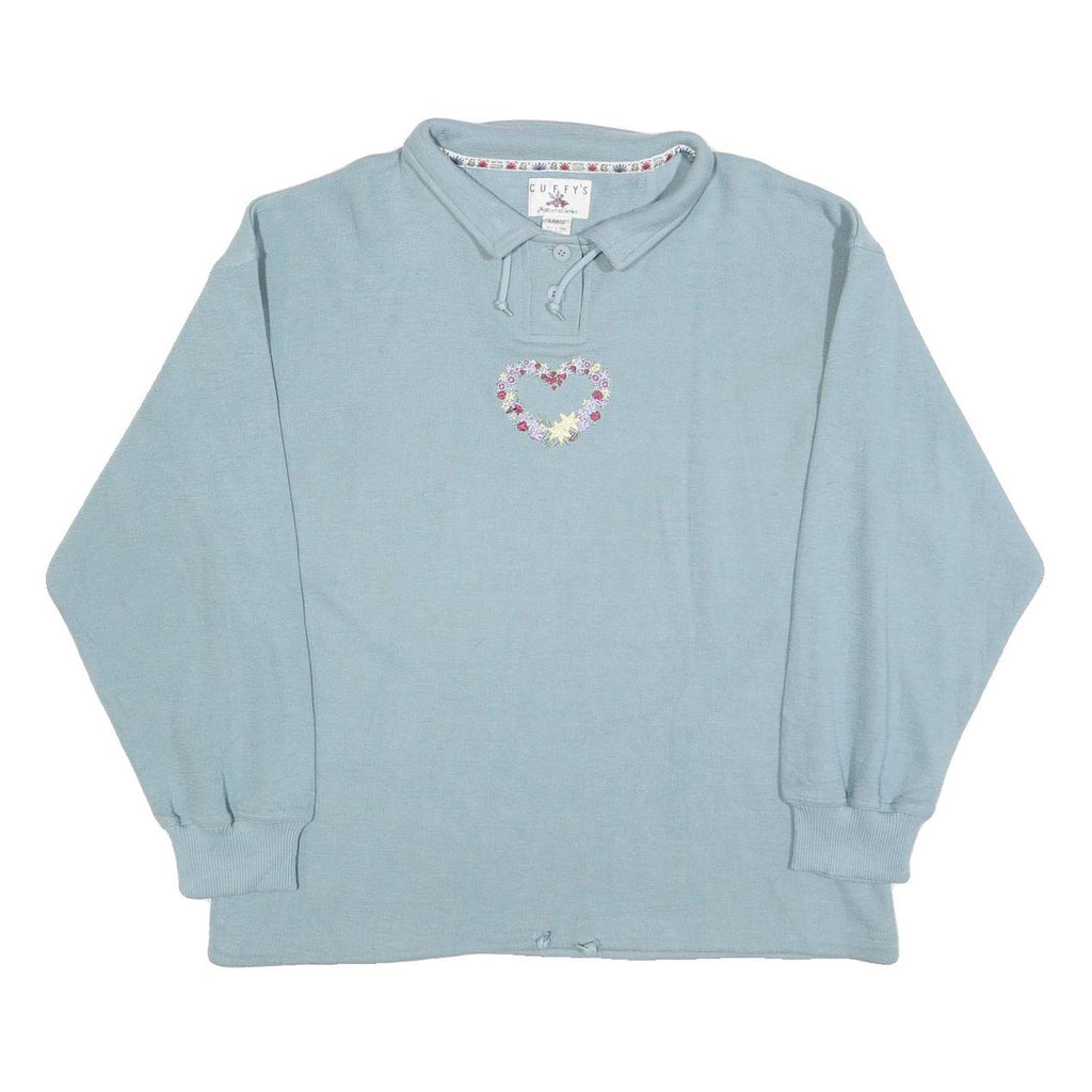 CUFFYS Womens Blue Collar L Floral Heart Embroidered Sweatshirt Casual Pullover