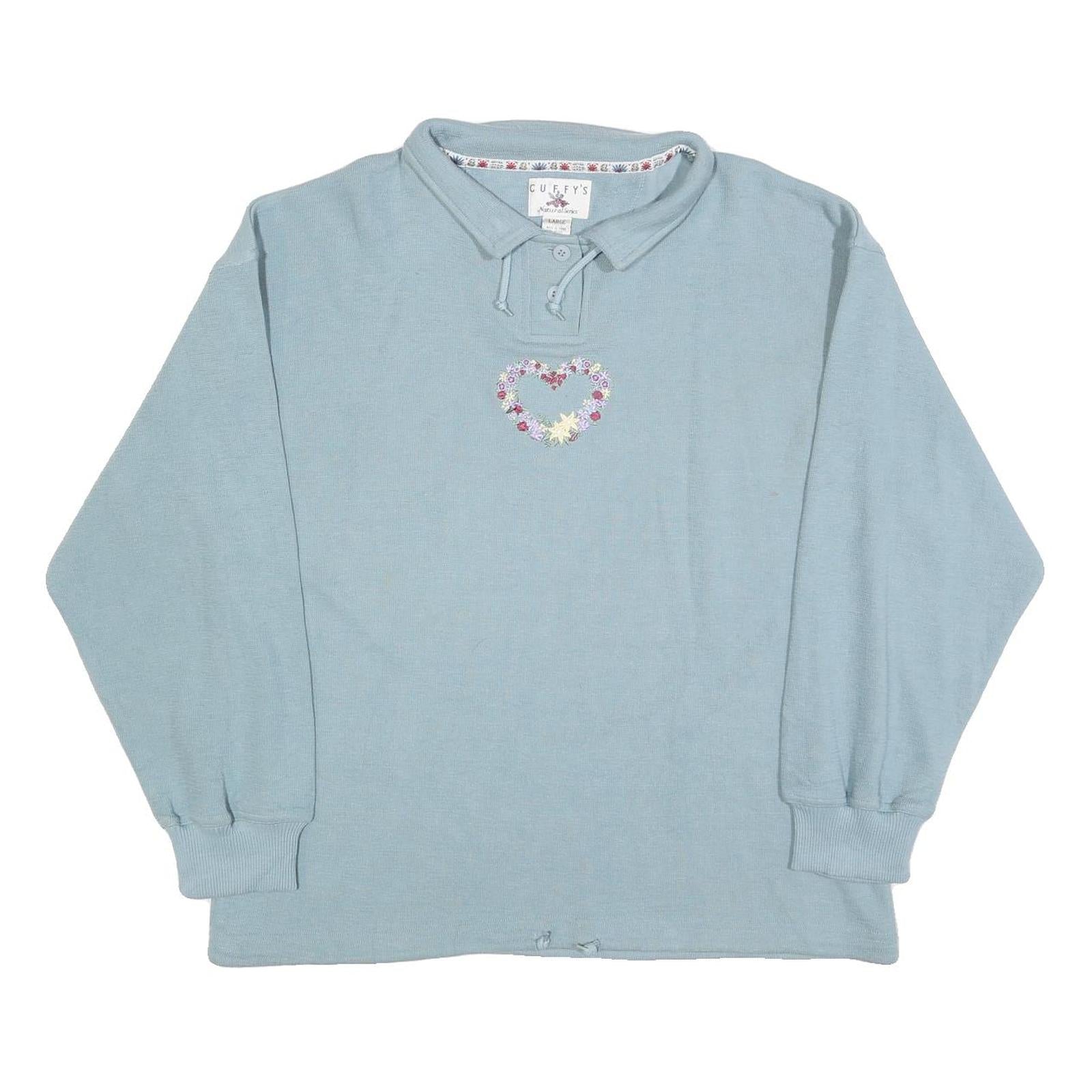 CUFFYS Womens Blue Collar L Floral Heart Embroidered Sweatshirt Casual Pullover