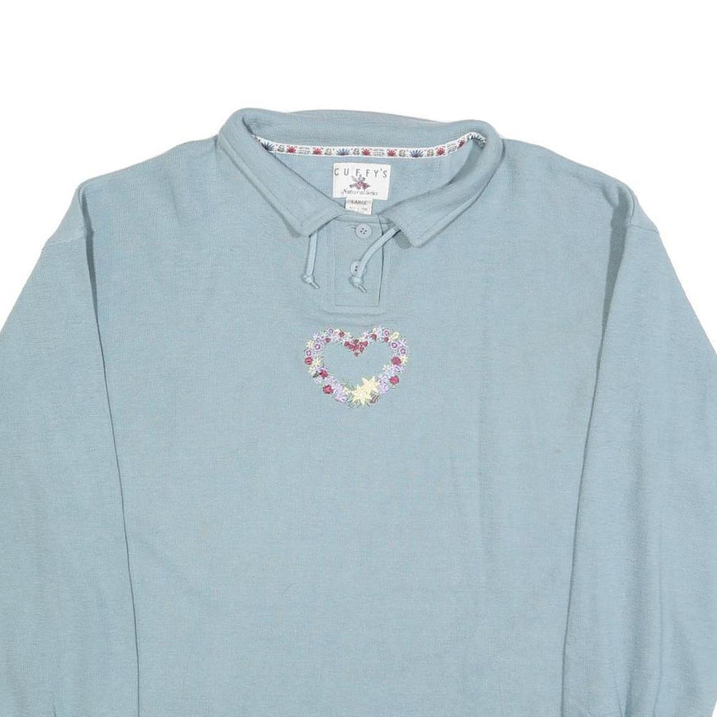 CUFFYS Womens Blue Collar L Floral Heart Embroidered Sweatshirt Casual Pullover