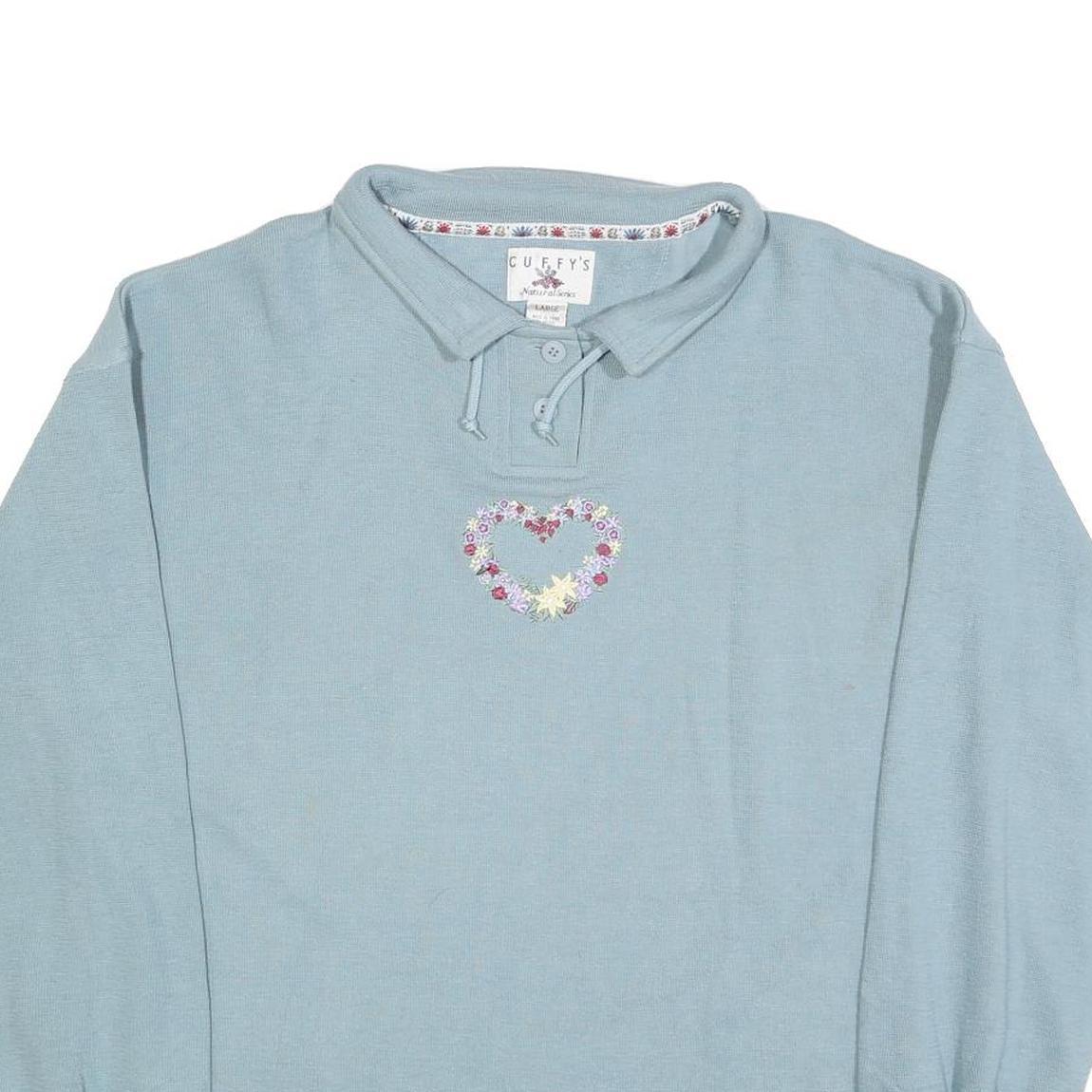 CUFFYS Womens Blue Collar L Floral Heart Embroidered Sweatshirt Casual Pullover