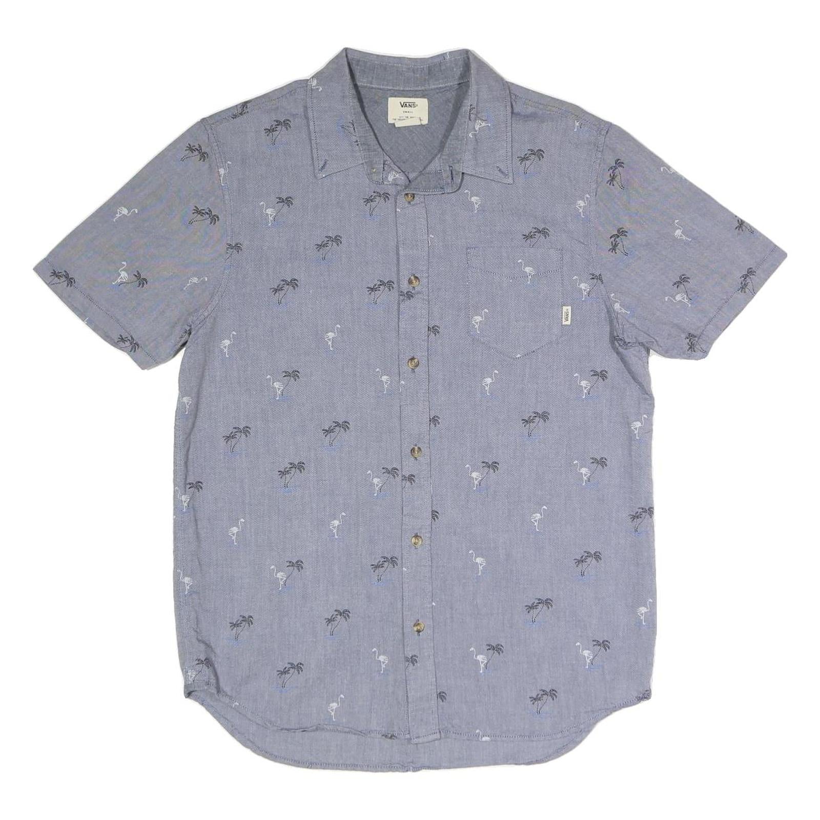 VANS Mens Blue & Grey Short Sleeve Shirt S Flamingo Palm Print Casual