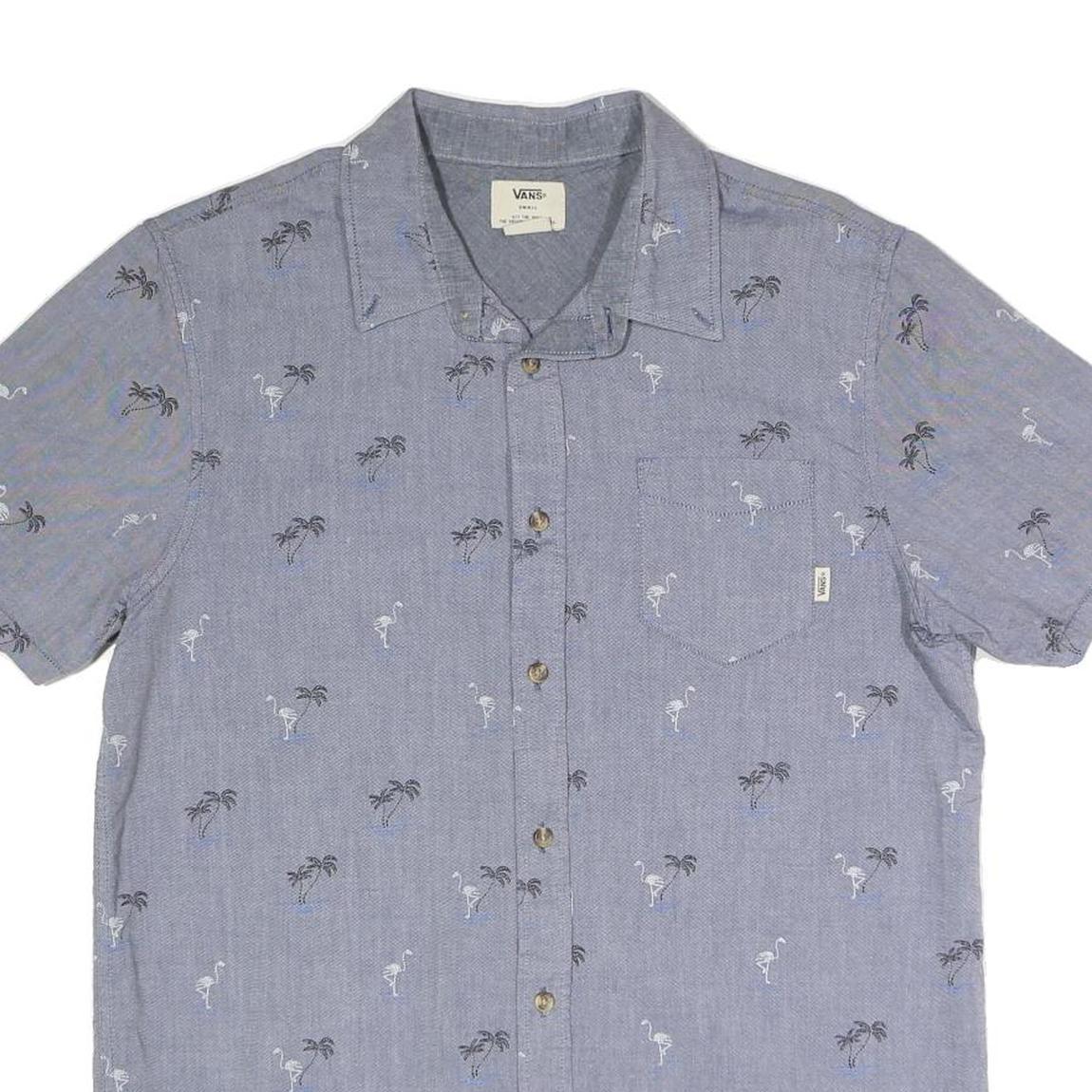 VANS Mens Blue & Grey Short Sleeve Shirt S Flamingo Palm Print Casual