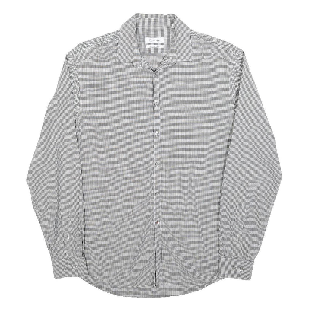 CALVIN KLEIN Mens Grey Check Shirt L Classic Collar Cotton Blend Long Sleeve