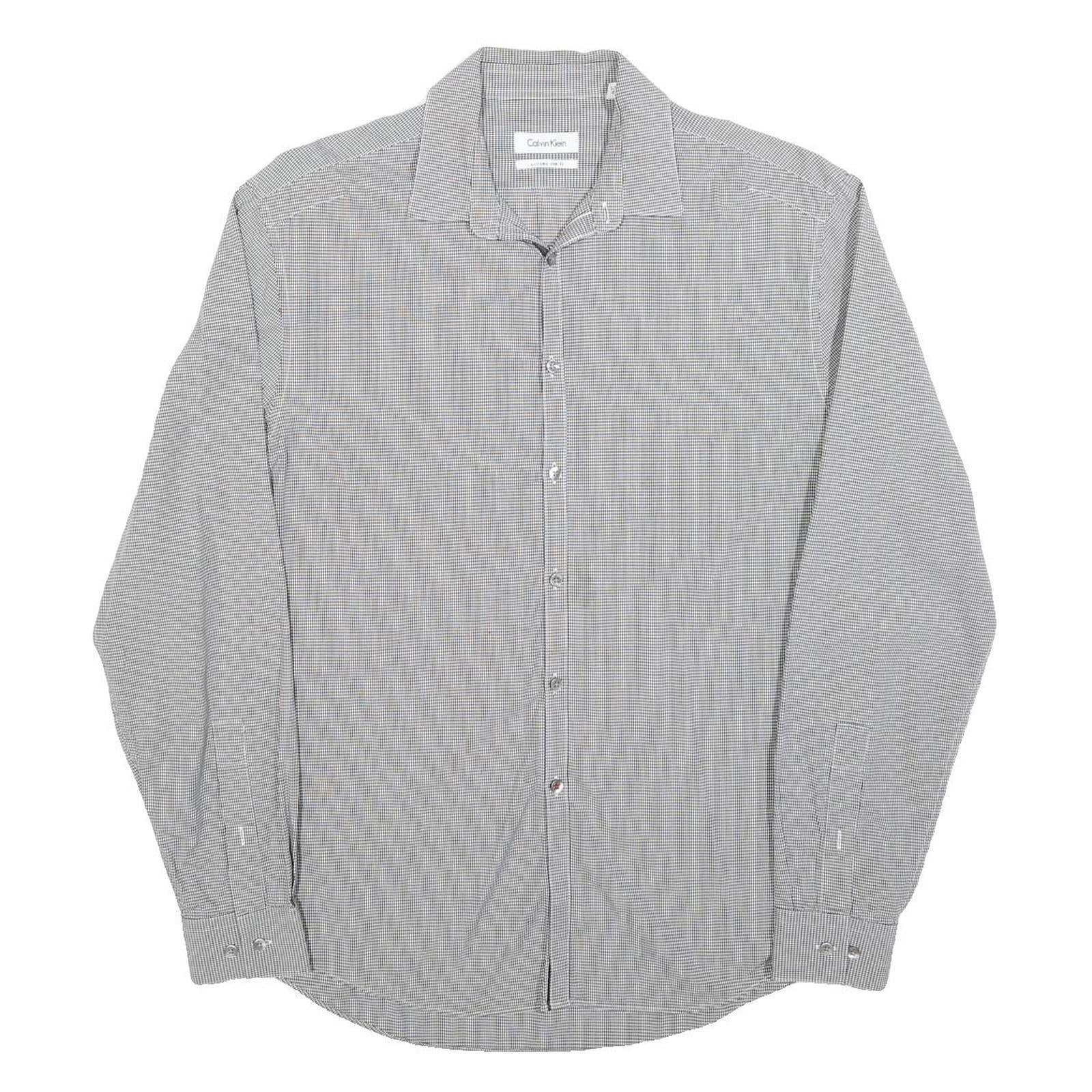 CALVIN KLEIN Mens Grey Check Shirt L Classic Collar Cotton Blend Long Sleeve