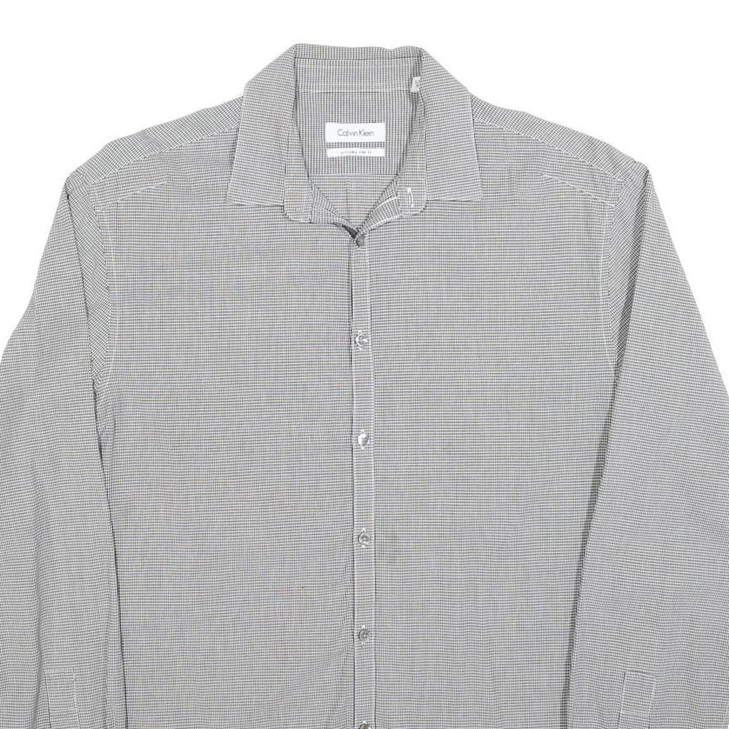 CALVIN KLEIN Mens Grey Check Shirt L Classic Collar Cotton Blend Long Sleeve