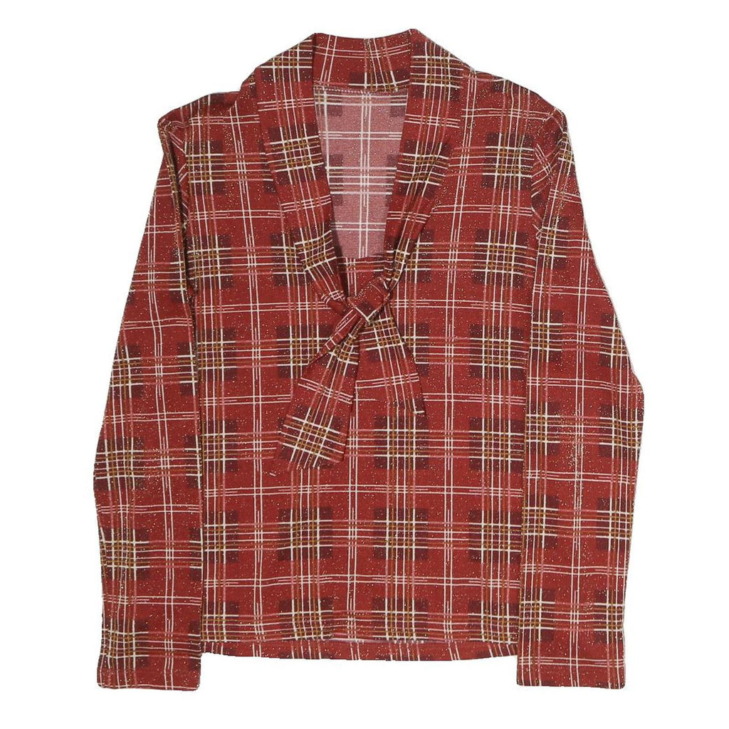 Womens Red Plaid Bow Tie Long Sleeve V-Neck Polyester Top M Stylish Retro