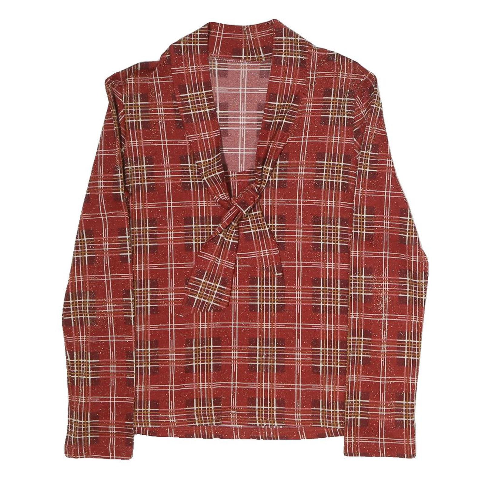 Womens Red Plaid Bow Tie Long Sleeve V-Neck Polyester Top M Stylish Retro