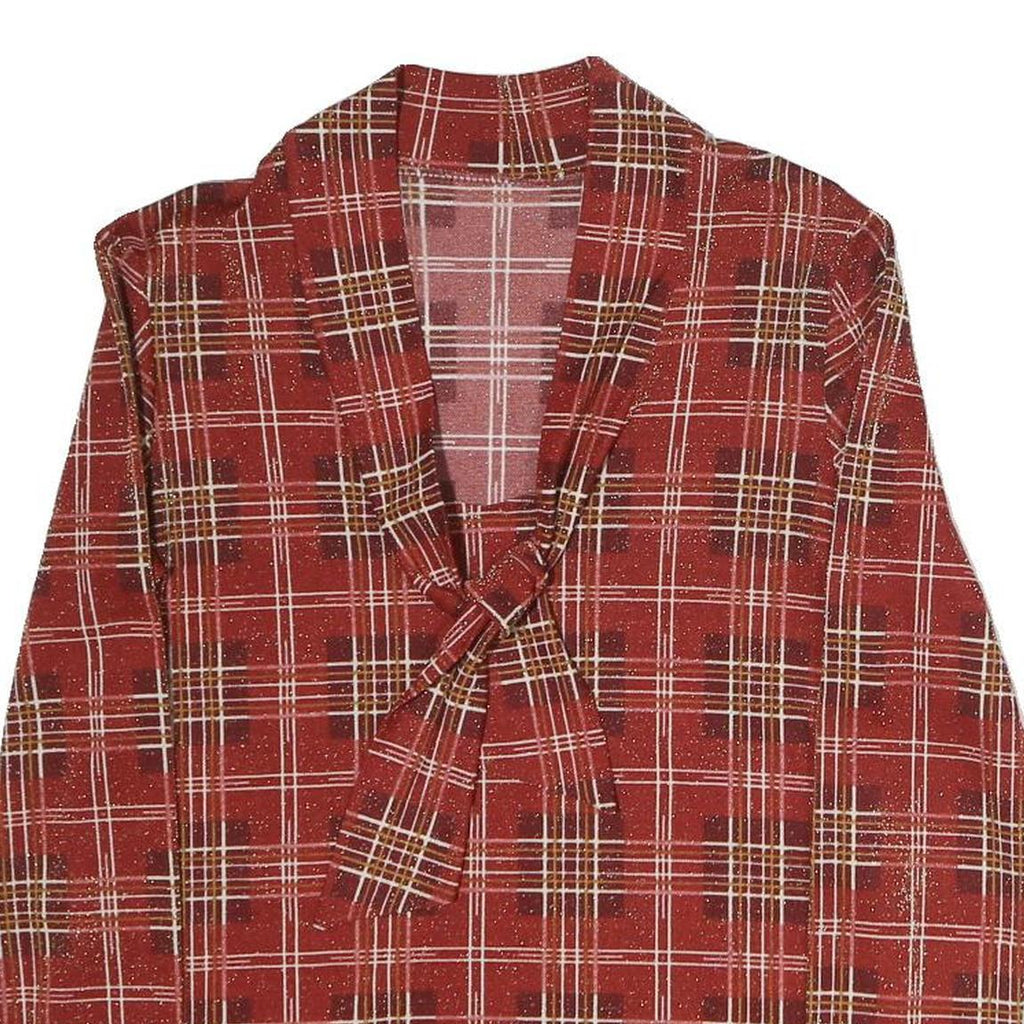 Womens Red Plaid Bow Tie Long Sleeve V-Neck Polyester Top M Stylish Retro