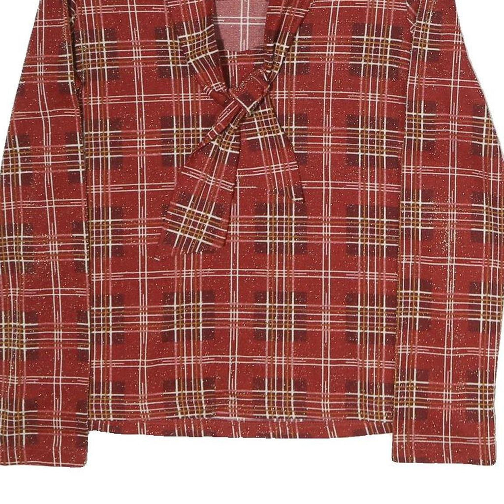 Womens Red Plaid Bow Tie Long Sleeve V-Neck Polyester Top M Stylish Retro