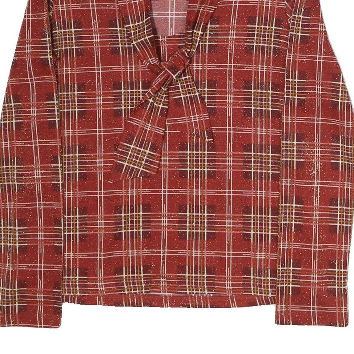 Womens Red Plaid Bow Tie Long Sleeve V-Neck Polyester Top M Stylish Retro