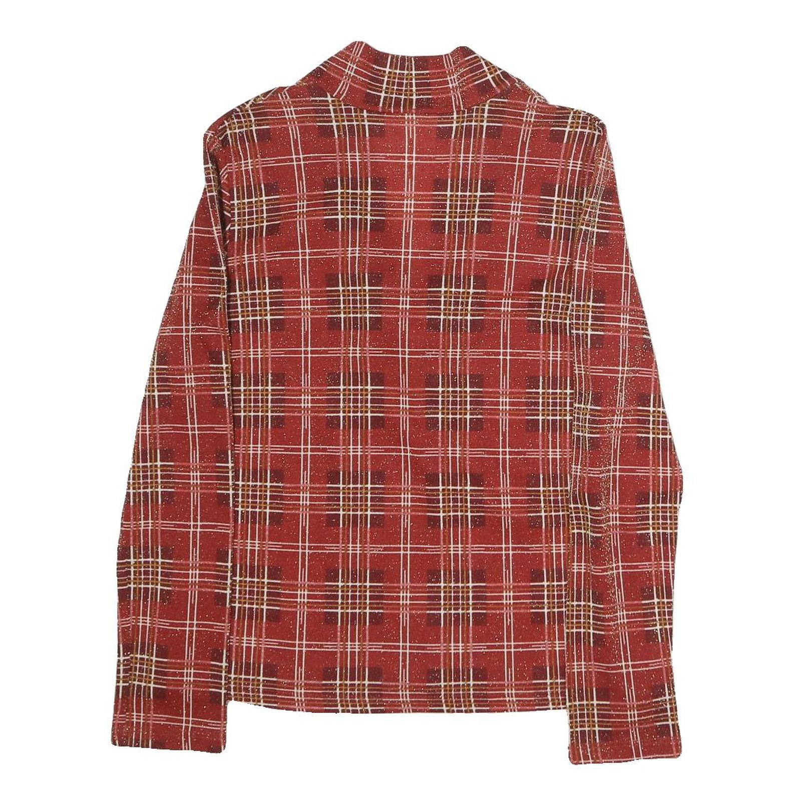 Womens Red Plaid Bow Tie Long Sleeve V-Neck Polyester Top M Stylish Retro