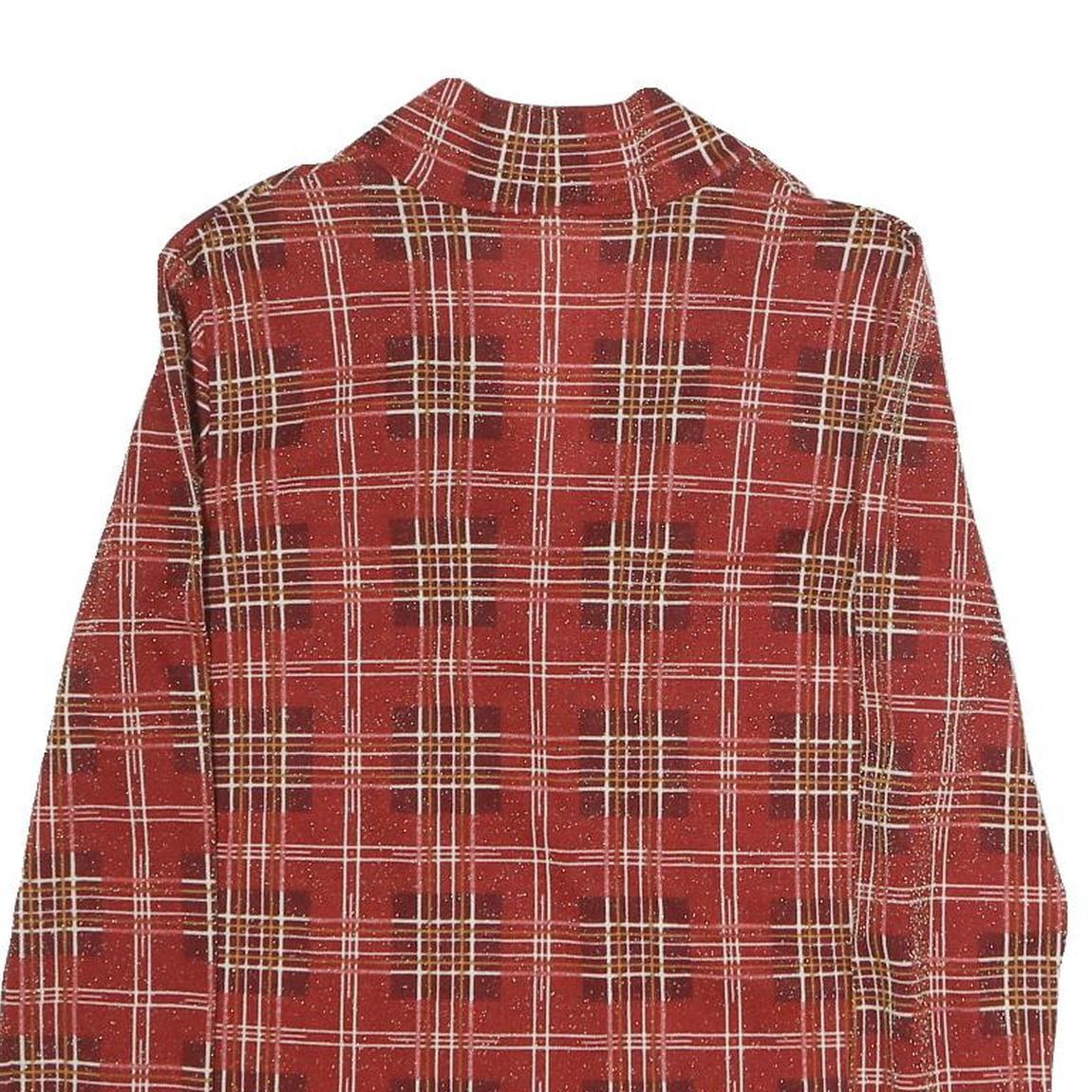 Womens Red Plaid Bow Tie Long Sleeve V-Neck Polyester Top M Stylish Retro