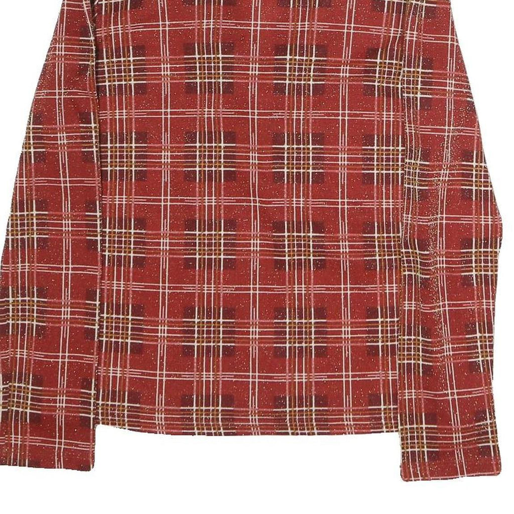 Womens Red Plaid Bow Tie Long Sleeve V-Neck Polyester Top M Stylish Retro