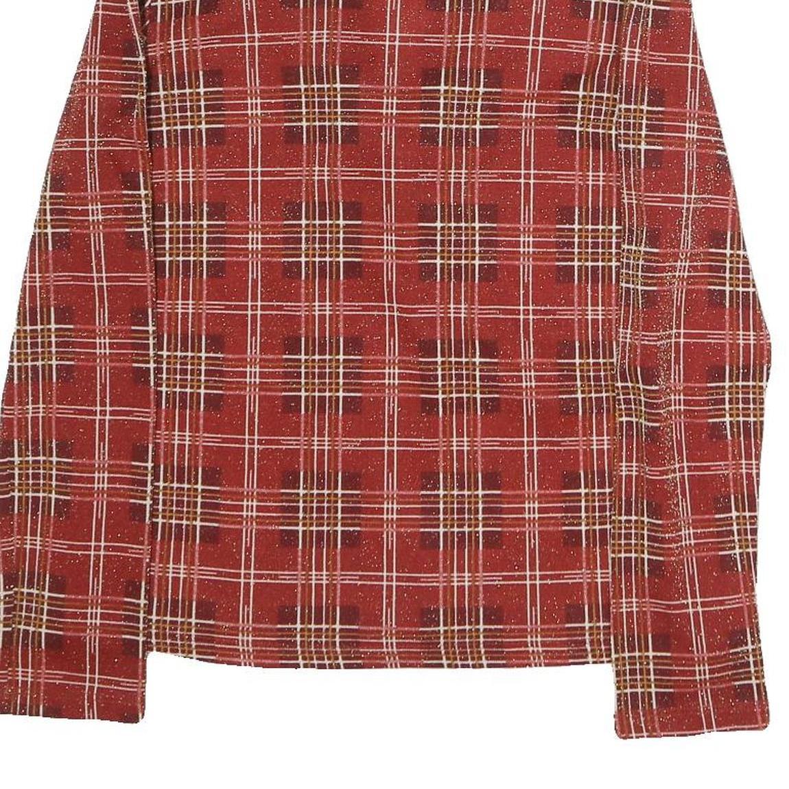 Womens Red Plaid Bow Tie Long Sleeve V-Neck Polyester Top M Stylish Retro