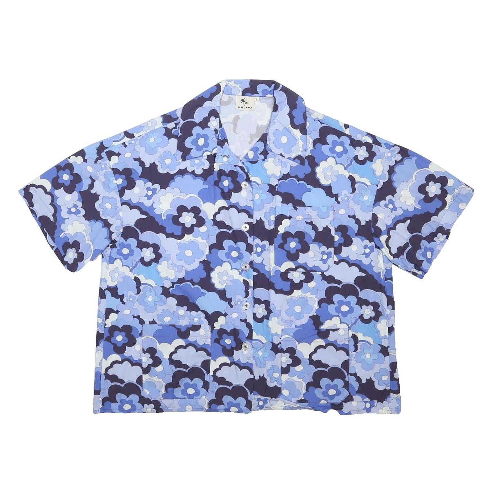 BALOU Womens Blue Floral Print Shirt S Short Sleeve Cotton Blend Summer Top