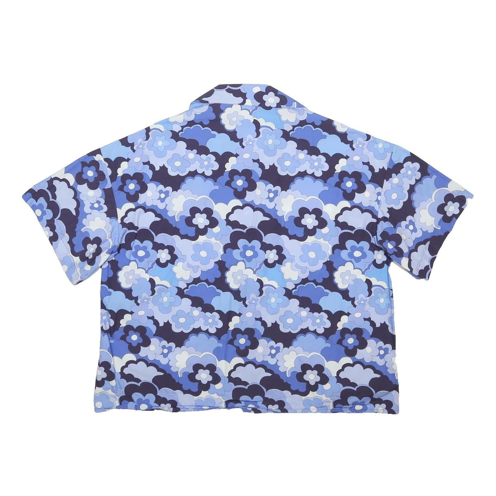 BALOU Womens Blue Floral Print Shirt S Short Sleeve Cotton Blend Summer Top
