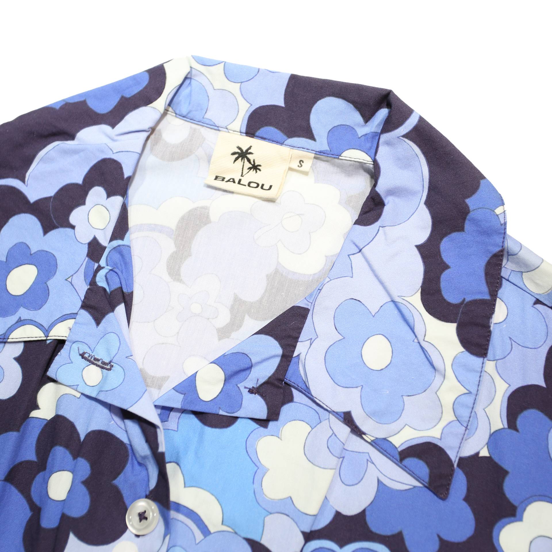 BALOU Womens Blue Floral Print Shirt S Short Sleeve Cotton Blend Summer Top