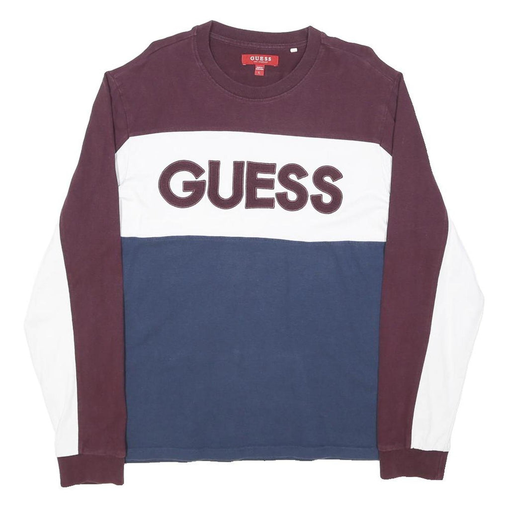 GUESS JEANS Mens Burgundy & White & Blue Crew Neck L Cotton Sweatshirt Long