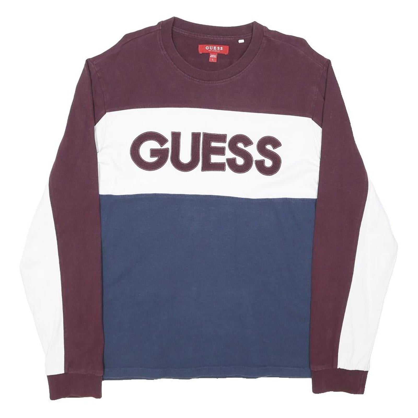 GUESS JEANS Mens Burgundy & White & Blue Crew Neck L Cotton Sweatshirt Long