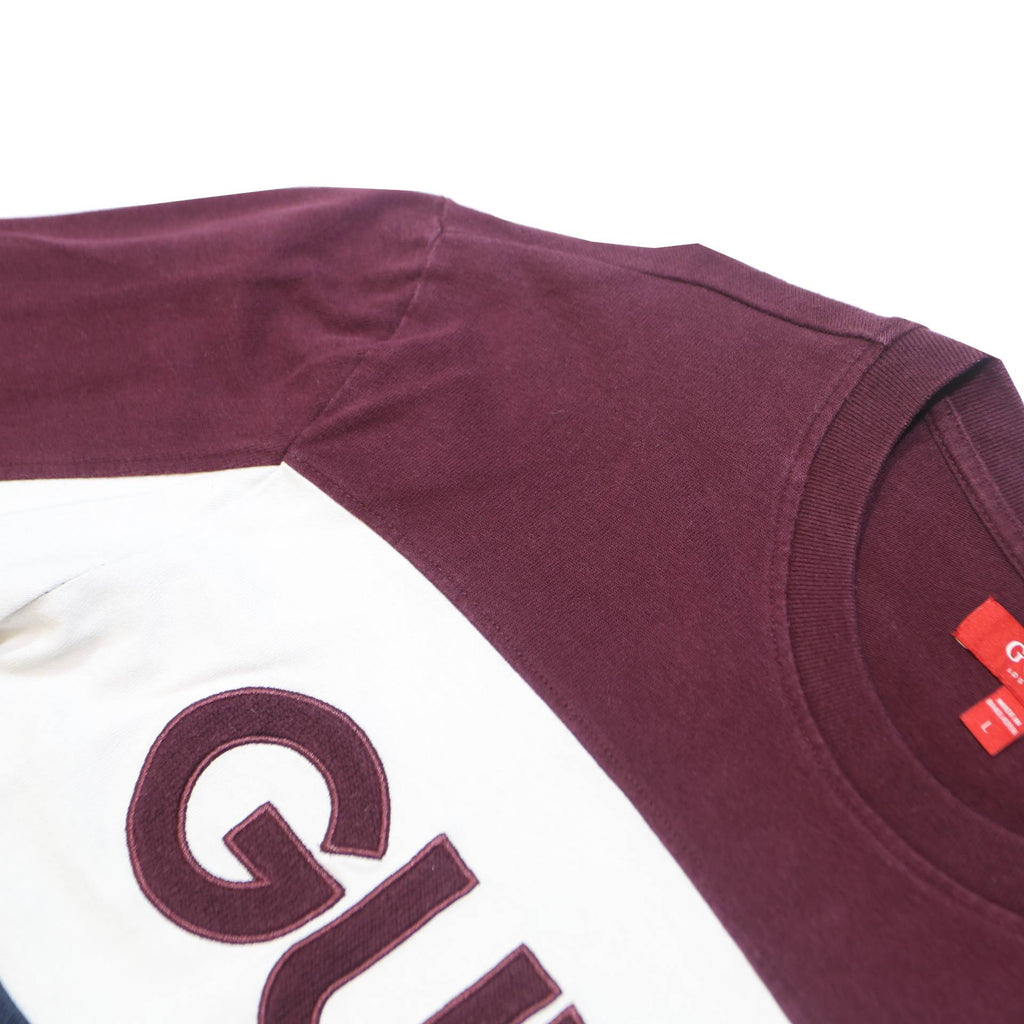 GUESS JEANS Mens Burgundy & White & Blue Crew Neck L Cotton Sweatshirt Long