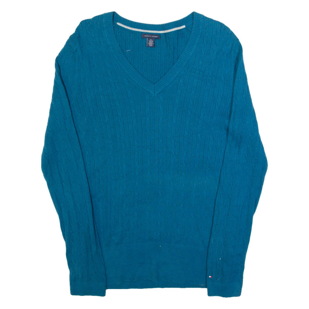 TOMMY HILFIGER Womens Jumper Blue V-Neck Cable Knit L