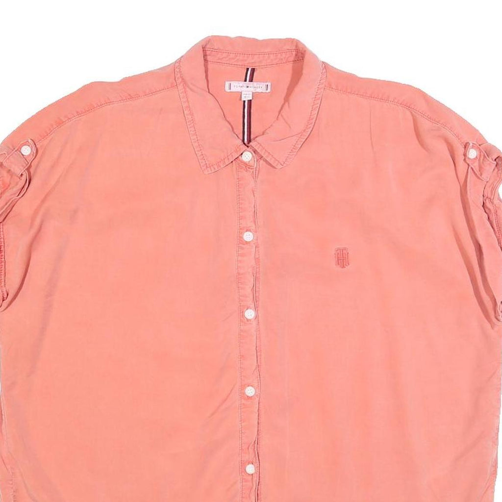 TOMMY HILFIGER Womens Coral Pink Basic Top Short Sleeve Button Neck L Casual