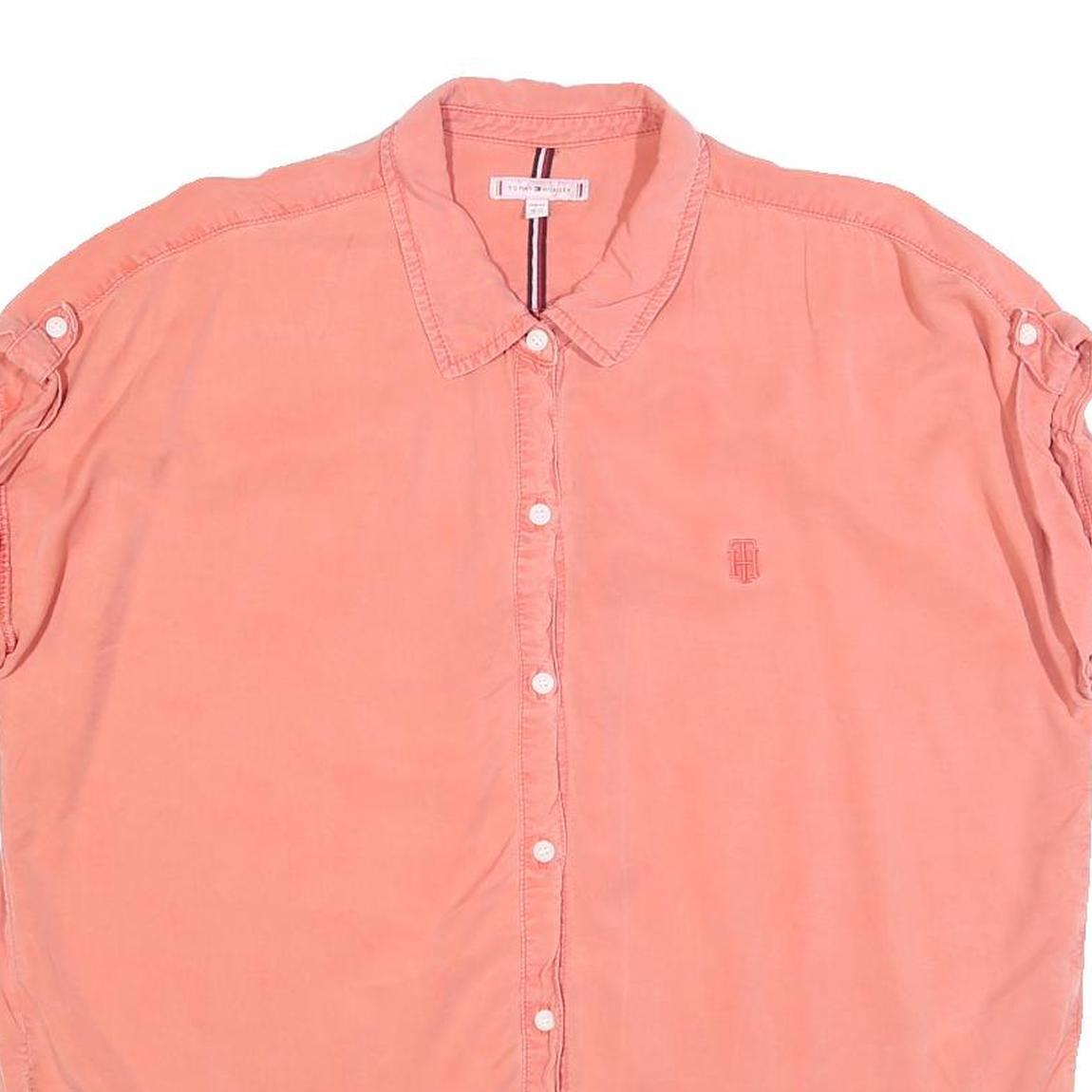 TOMMY HILFIGER Womens Coral Pink Basic Top Short Sleeve Button Neck L Casual