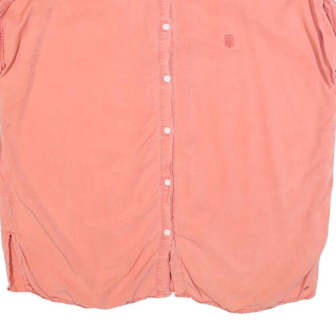 TOMMY HILFIGER Womens Coral Pink Basic Top Short Sleeve Button Neck L Casual