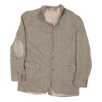 Mens Beige Cotton Blend Herringbone Jacket M Tailored Lapel Zip Elbow Patches