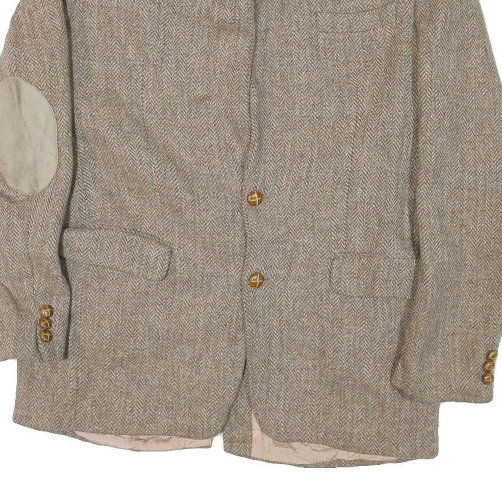 Mens Beige Cotton Blend Herringbone Jacket M Tailored Lapel Zip Elbow Patches