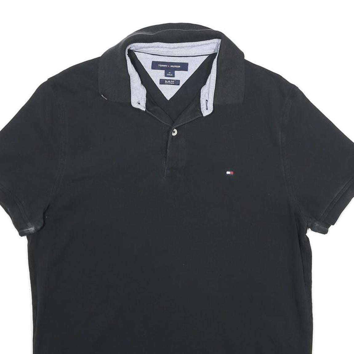 TOMMY HILFIGER Mens Black Short Sleeve Plain M Polo Shirt Cotton Blend