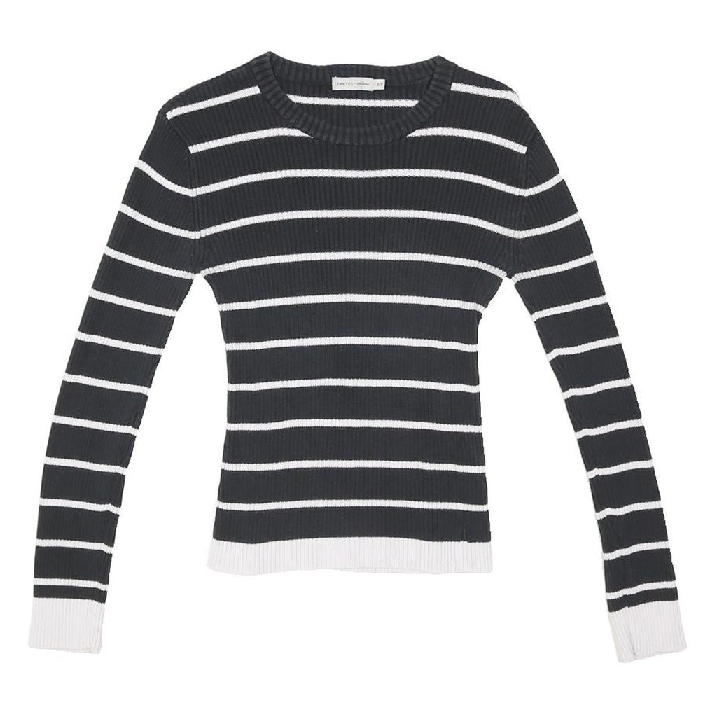 TOMMY HILFIGER Womens Black & White Striped Plain Crew Neck Basic Knit Jumper S