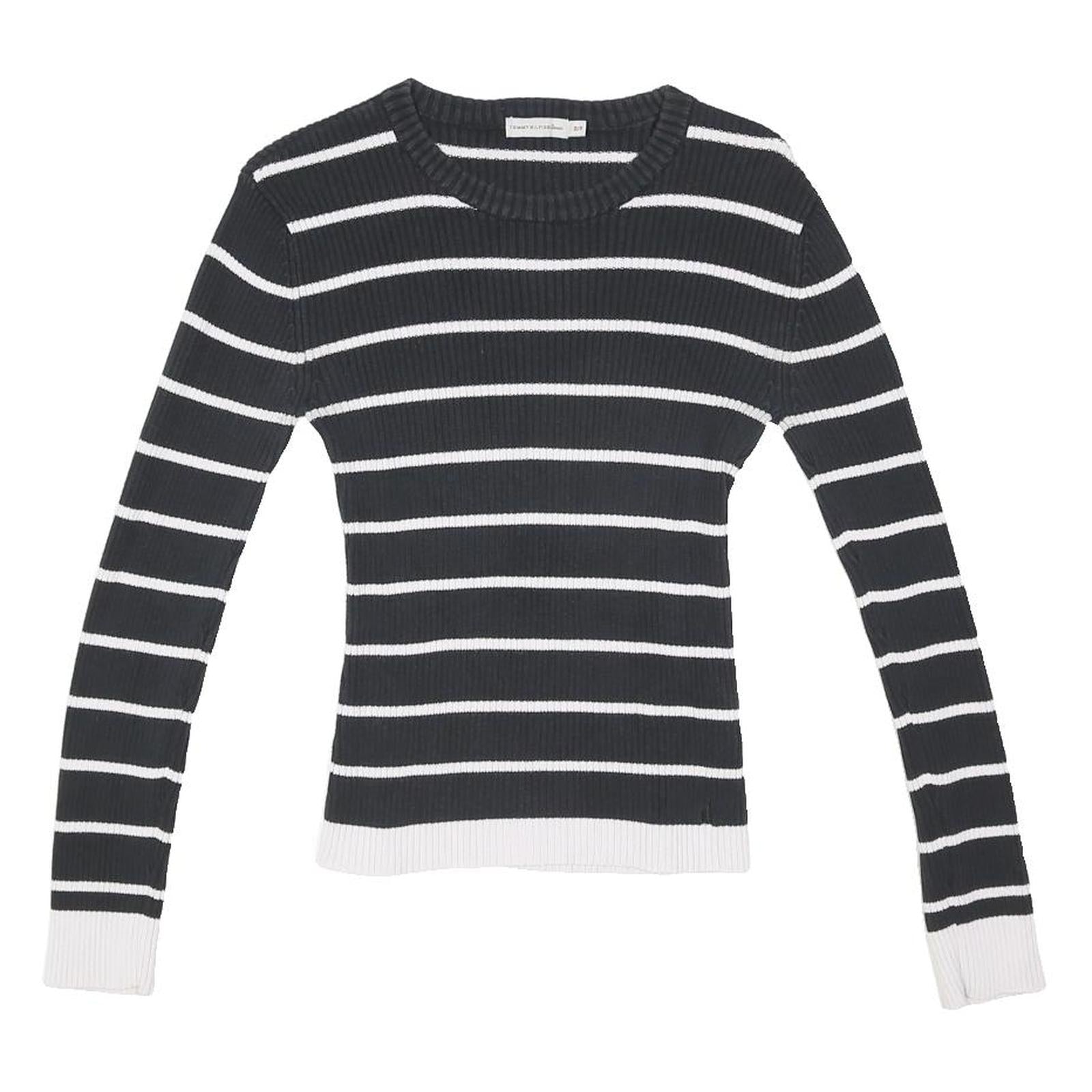 TOMMY HILFIGER Womens Black & White Striped Plain Crew Neck Basic Knit Jumper S