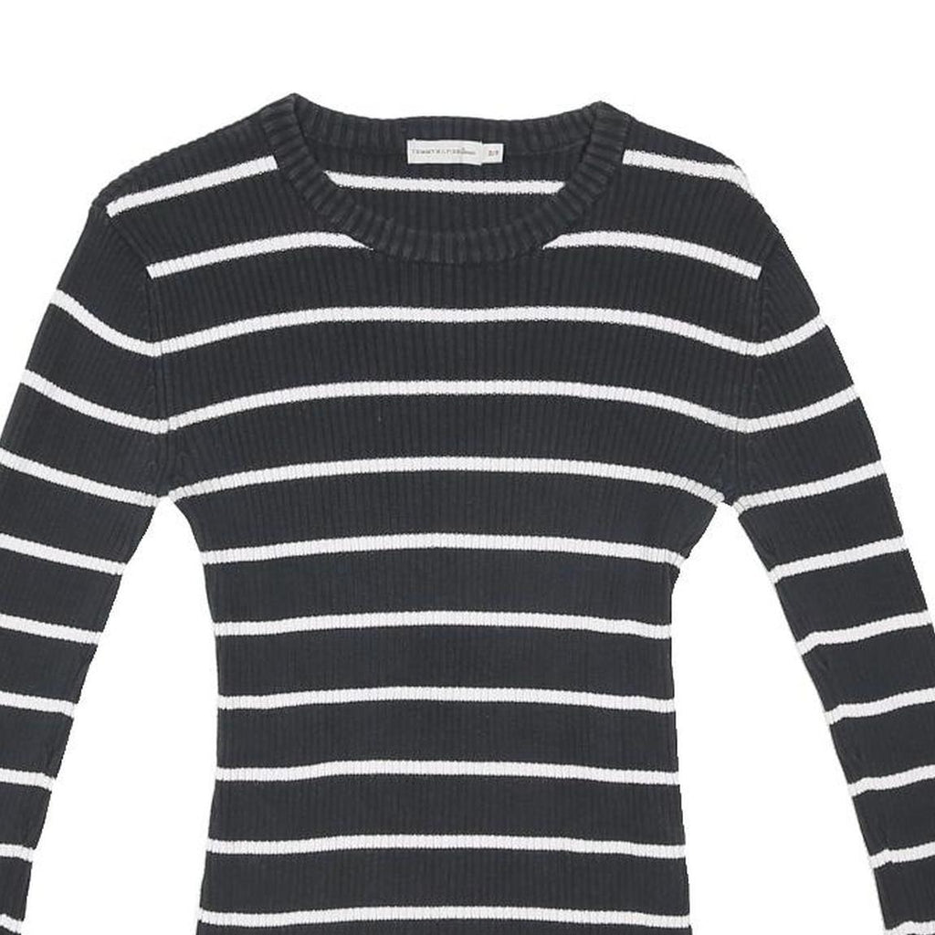 TOMMY HILFIGER Womens Black & White Striped Plain Crew Neck Basic Knit Jumper S