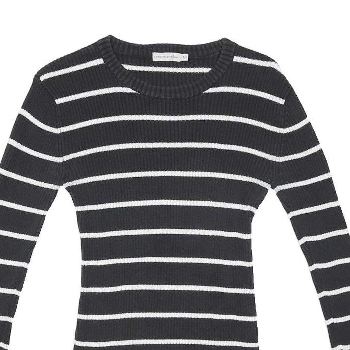 TOMMY HILFIGER Womens Black & White Striped Plain Crew Neck Basic Knit Jumper S